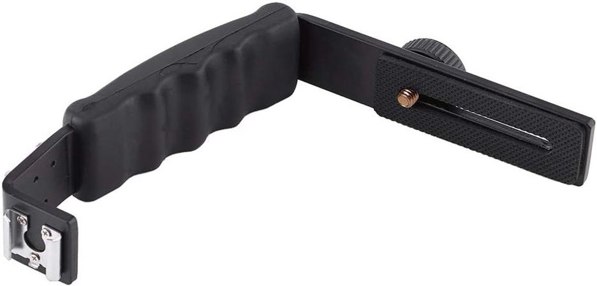 Flitshouder voor camera met L-vormige grip en 2 hot shoe aansluitingen