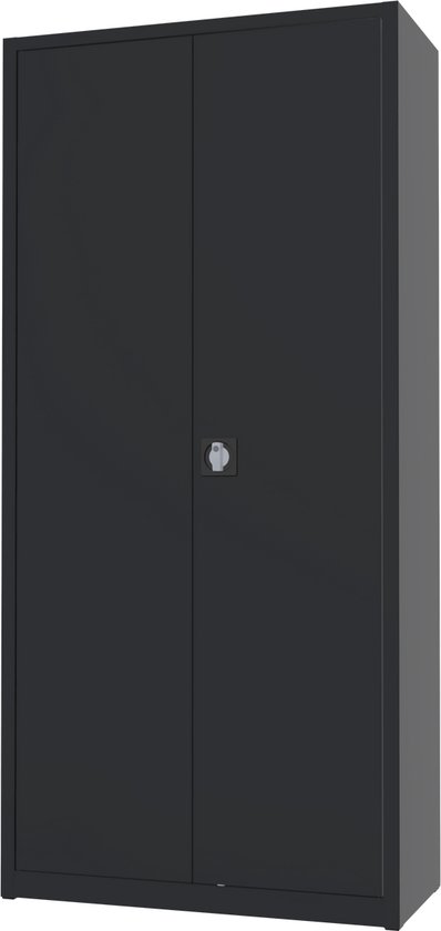 Zwarte metalen archiefkast met twee deuren en een slot.