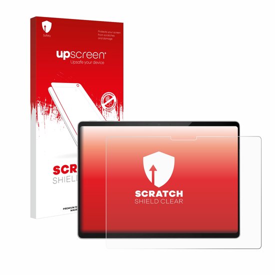 Een tablet met een rode gloed, met daarop een transparante screenprotector. De verpakking van de screenprotector staat ernaast.
