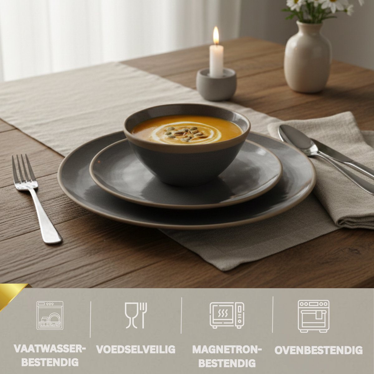 OZ Home Bricard Albi Serviesset 25-delig Porselein - 6 Personen - Groen-grijs (salie) met Beige Rand - Stapelbaar - Vaatwasser-, Magnetron- en Ovenbestendig — afbeelding 3