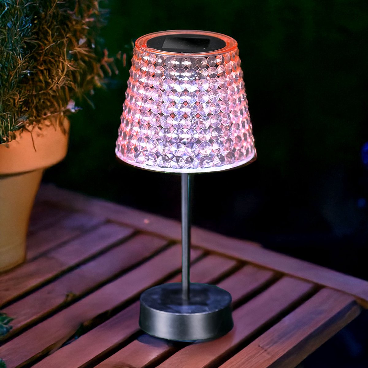 Solar Tafellamp op Zonne-Energie Buiten Ø12 x 26 cm – Roze – Koel Wit LED – IP44 – Draadloos – Tuin, Balkon & Terras [13005C]