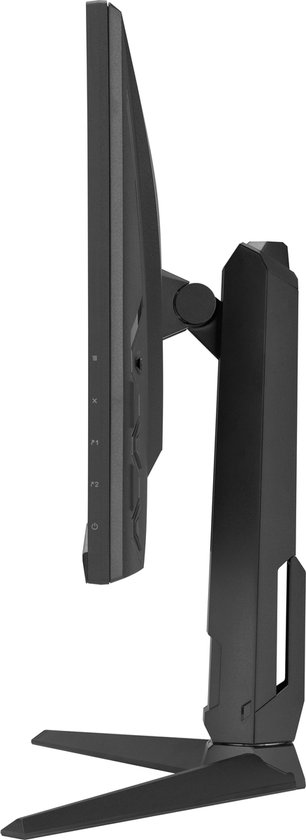 Profiel van een zwarte gaming monitor met een verstelbare standaard.