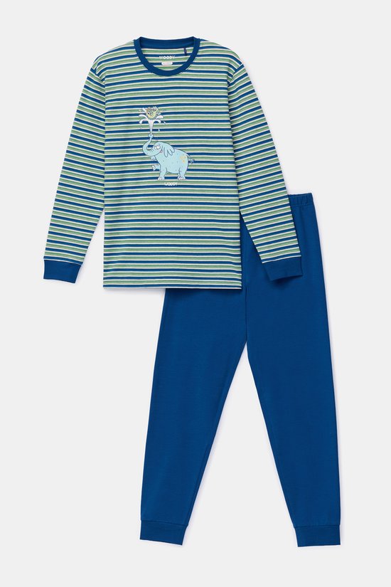 Ensemble pyjama pour homme ou garçon, comprenant un haut à manches longues à rayures vertes et bleues et un pantalon bleu uni. Le haut présente un imprimé éléphant.