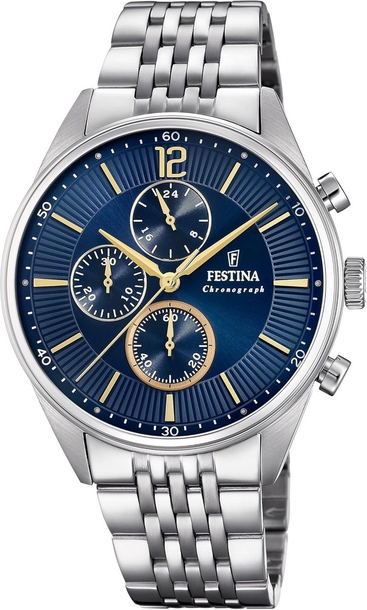Herenhorloge Chronograaf Blauwe Wijzerplaat RVS Band