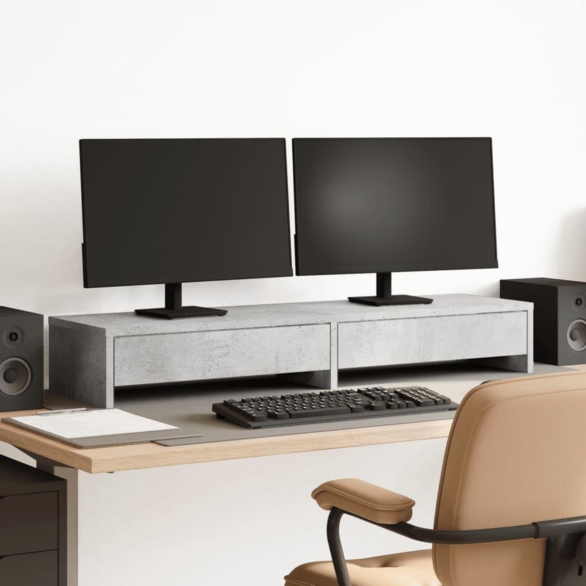 Monitorstandaard Bureau met 2 Lades - Monitorverhoger Werkplek Organizer - 100 cm Breed
