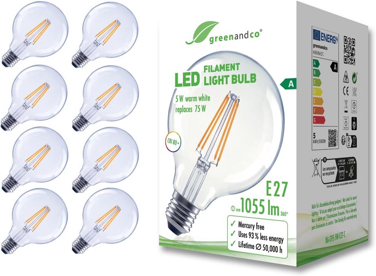 Set van 8 Transparante LED Filament Lampen E27 G95 Warm Wit 5W Vervangt 75W
