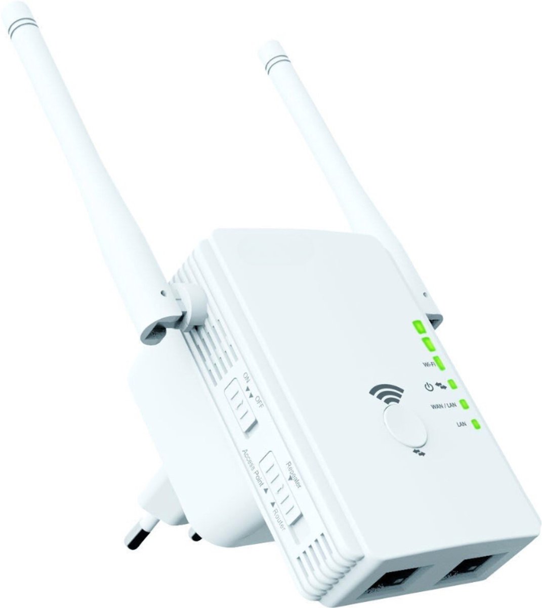 Quvo® WiFi Amplifier Power Outlet - WiFi Power Outlet With 2 Antennas - WiFi Repeater 300 Mbit/s - Internet Booster - WiFi Extender - White - 7cm x 9cm x 15cm
