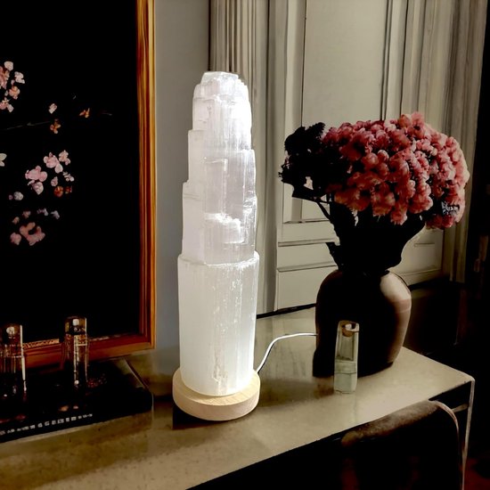 Witte Seleniet Kristal Tafellamp met Houten Basis voor Energie en