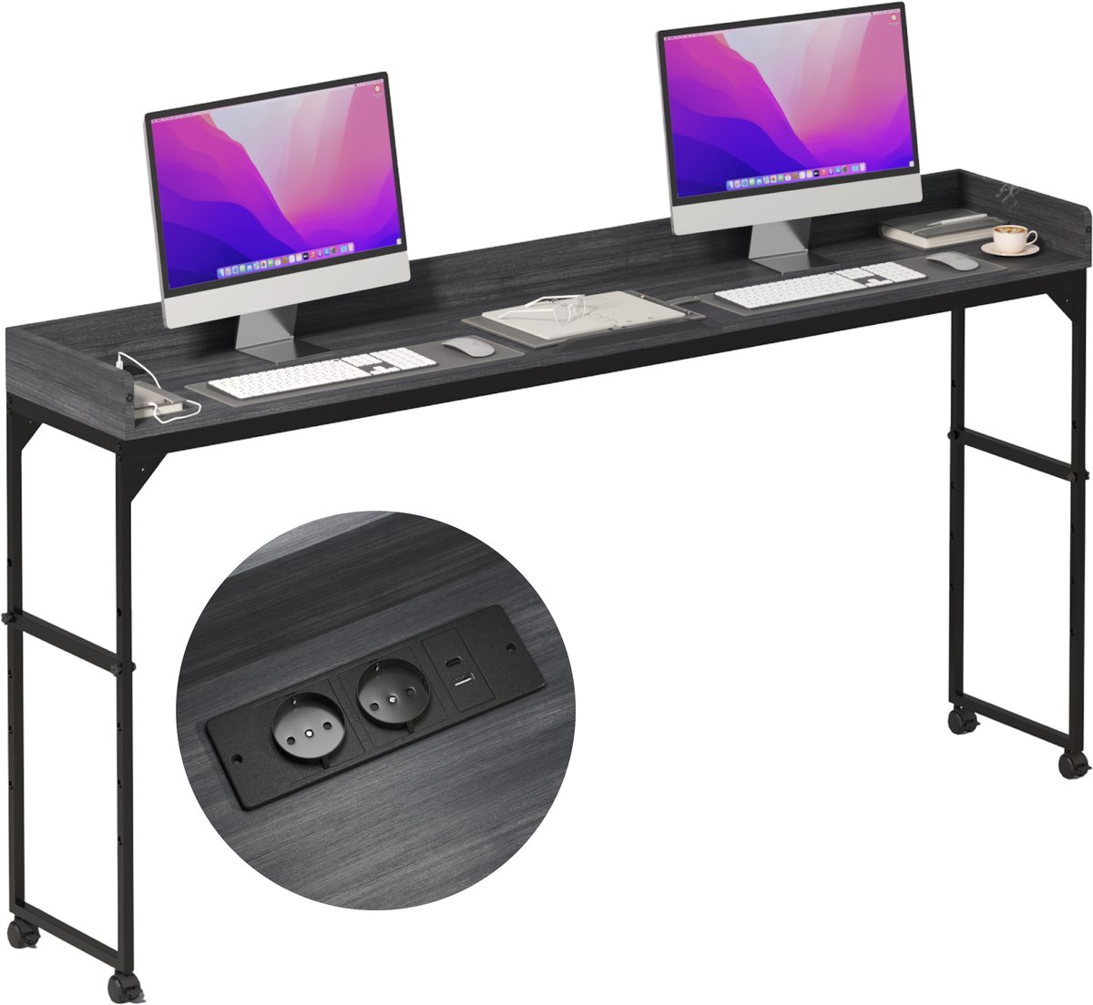 DreamDesk Verrijdbaar Bureau op Wielen Laptop & Werkbureau – Standing Desk - Bureaublad - Sta Bureau - Overbed tafel - Bed tafel - Past Over Bed - Bedtafeltje - Verstelbare tafel - 213 cm – Silver Slate