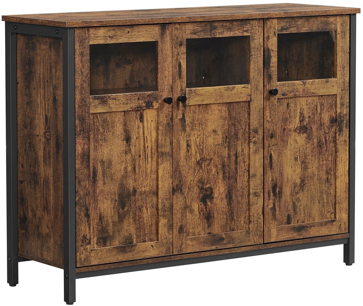 Dressoir - Dressoir Kasten - Kast - Opbergkast - Bruin/Zwart - 100x35x75 cm - Dressoir met Glas - Industrieel - 3 Deuren