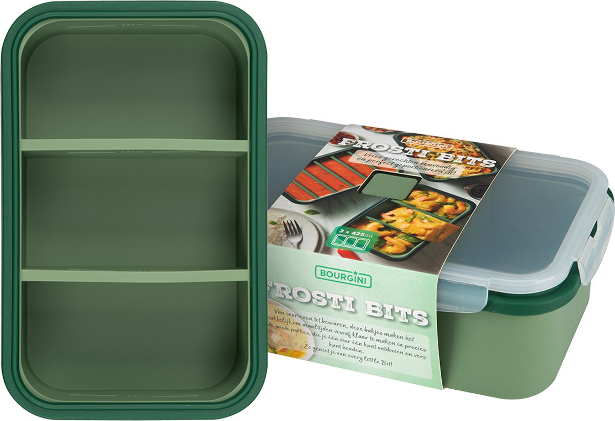 Bourgini Frosti Bits – Diepvriesbakjes set – 2 Siliconen Meal Prep Bakjes – 3 Vakken per Bakje (3 × 425 ml) – Voordeelset – Lekvrij – BPA-vrij