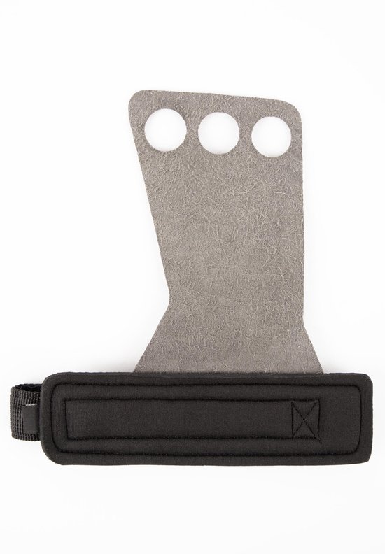 Grijze lederen grip met drie vingergaten en zwarte stoffen polsband.