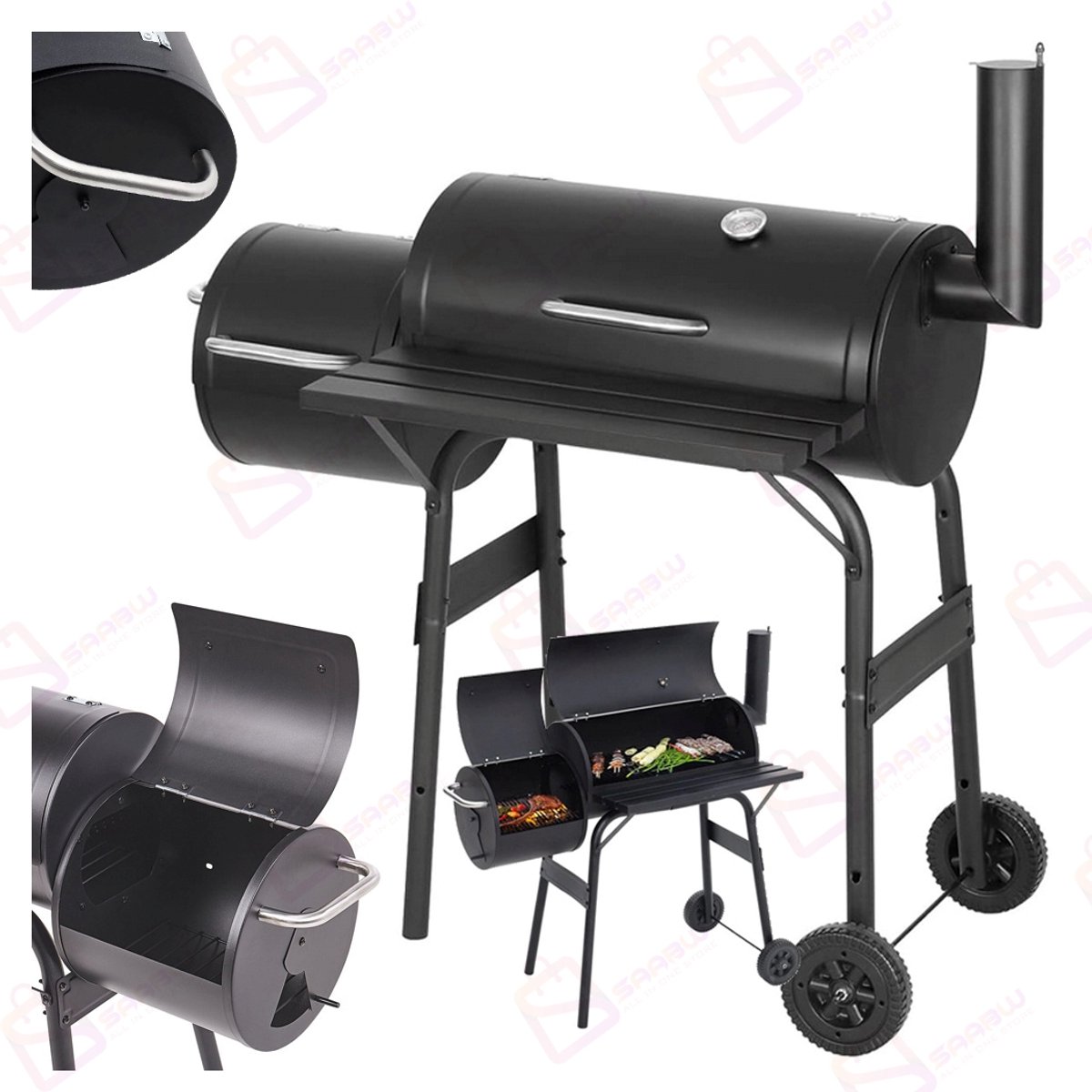 Grote Houtskool Barbecue met Roker – 2-in-1 BBQ & Smoker-grill – Met Deksel, Thermometer, Zijplank & Wielen – Vatmodel –barbecue –bbq houtskool – 51802