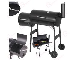 Grote Houtskool Barbecue met Roker – 2-in-1 BBQ & Smoker-grill – Met Deksel, Thermometer, Zijplank & Wielen – Vatmodel –barbecue –bbq houtskool – 51802