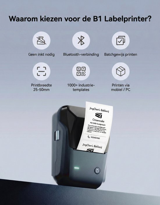 Niimbot - B1 - Imprimante d'étiquettes - Étiqueteuse - Blauw - Smart - Bluetooth - Largeur d'impression 20-50 mm - Légère - Thermique directe - 203 dpi - 1500 mAh