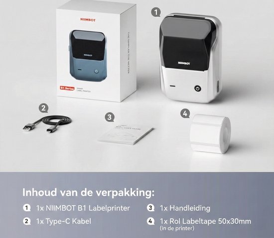 Niimbot - B1 - Imprimante d'étiquettes - Étiqueteuse - Blauw - Smart - Bluetooth - Largeur d'impression 20-50 mm - Légère - Thermique directe - 203 dpi - 1500 mAh
