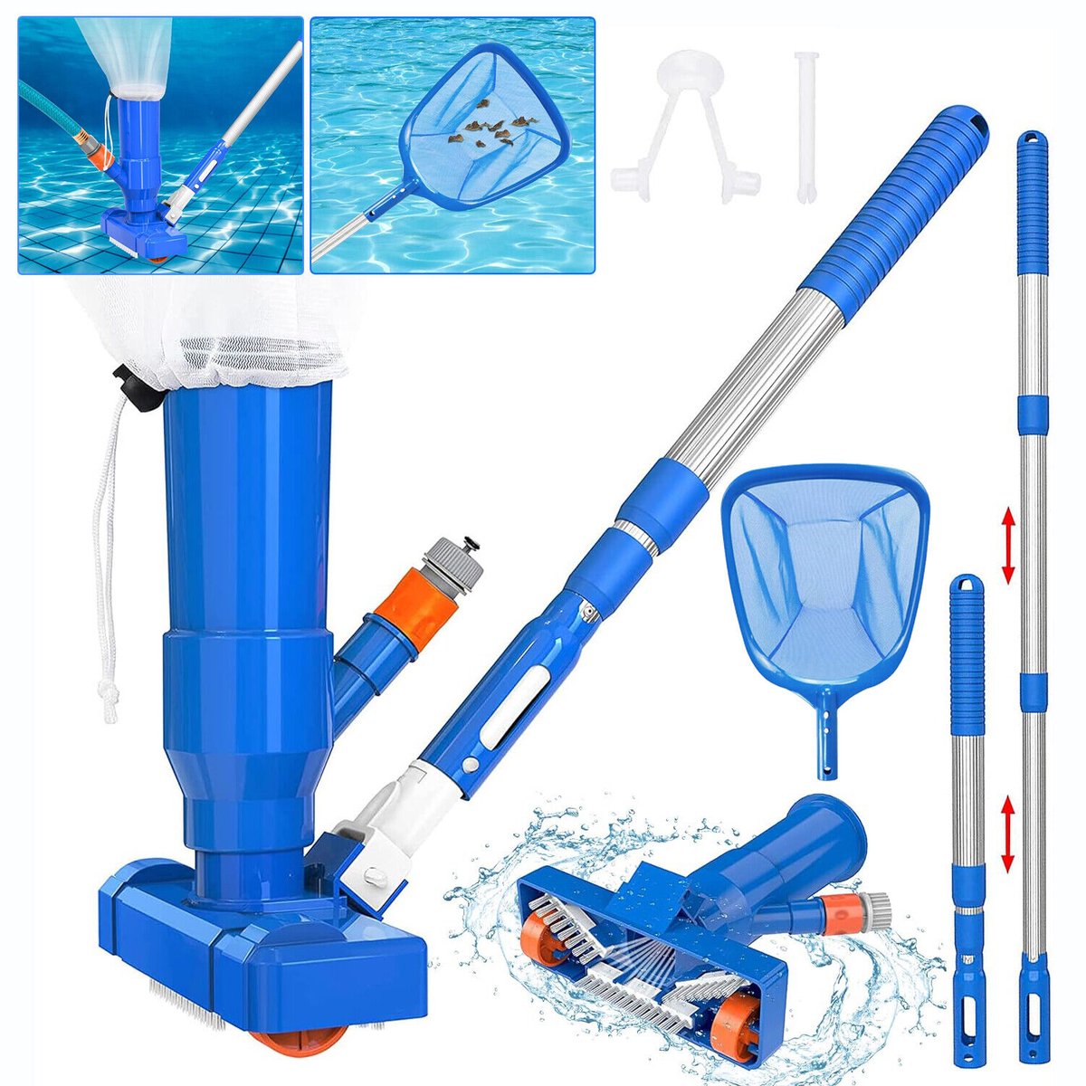 JeiibrZui Zwembadstofzuigerset - Zwembadreinigingsstofzuiger - Telescopische Steel + Schepnet - 1 Set - Voor Bovengrondse En Ondergrondse Zwembaden - Blauw