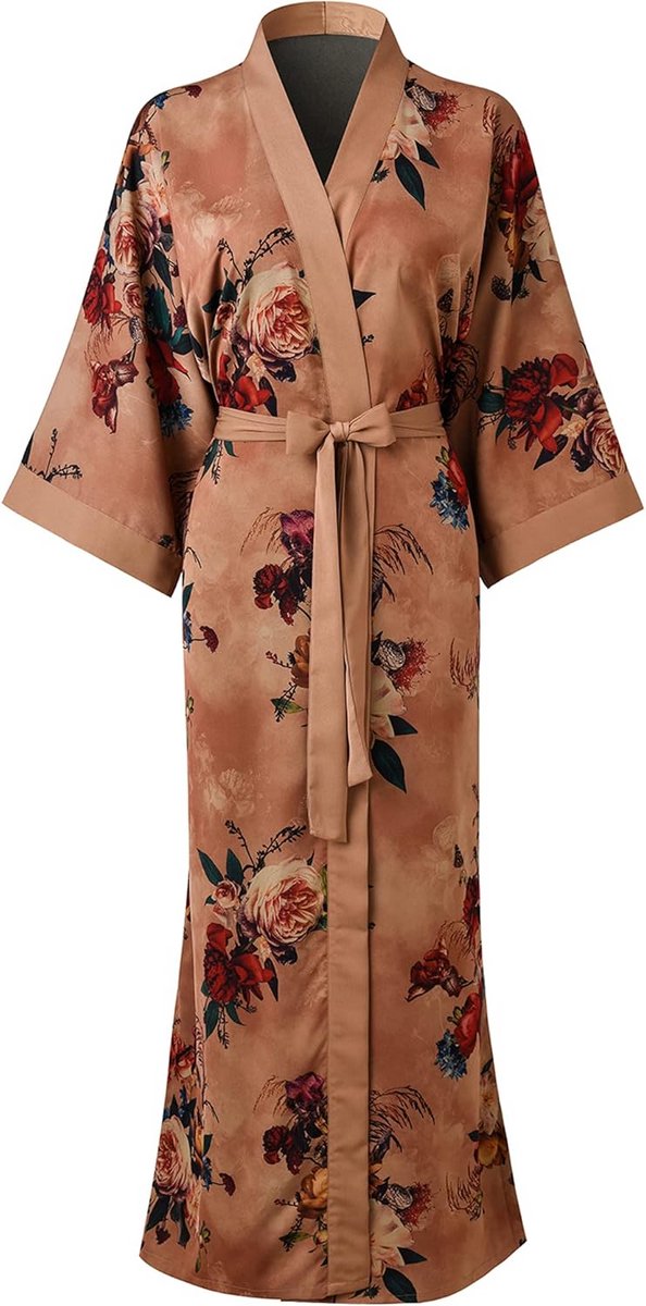 Lange Kimono Badjas voor Dames met Zakken en Bloemprint