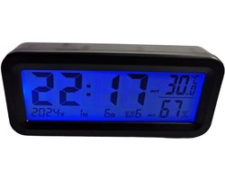 Autoklok voor op het dashboard, automatische achtergrondverlichting (blauw) 's nachts, temperatuur- en vochtigheidsmeting, 12/24-uurs tijdweergave, kalender, opladen via zonne-energie en USB-C-kabel voor auto's en vrachtwagens.