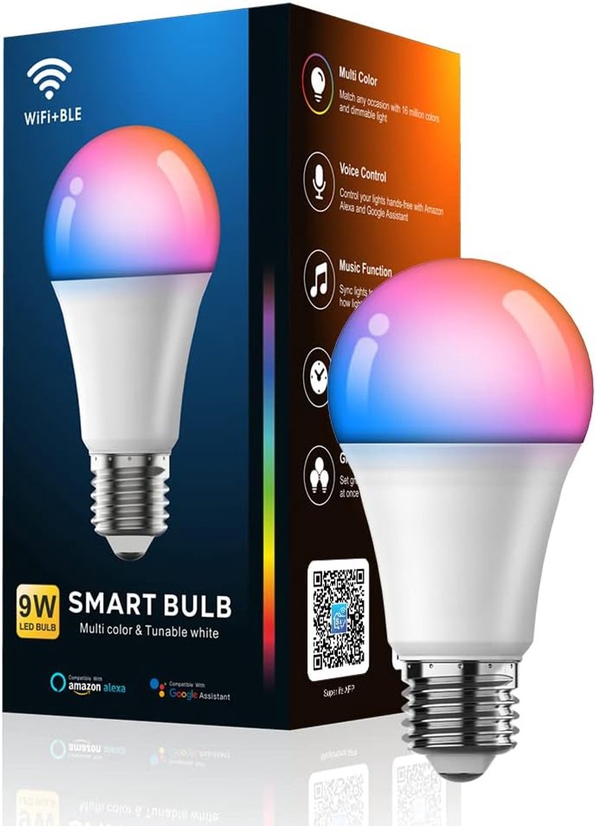 WiFi Bluetooth Slimme Bulb - Spraakgestuurd via Alexa Dimmen en Kleur Wijzigen - Muzieksynchronisatie Modus voor Sfeerverlichting - 9W E27 LED Lamp voor Bureau en Huiskamer - 1 Stuk - Exclusief Afstandsbediening