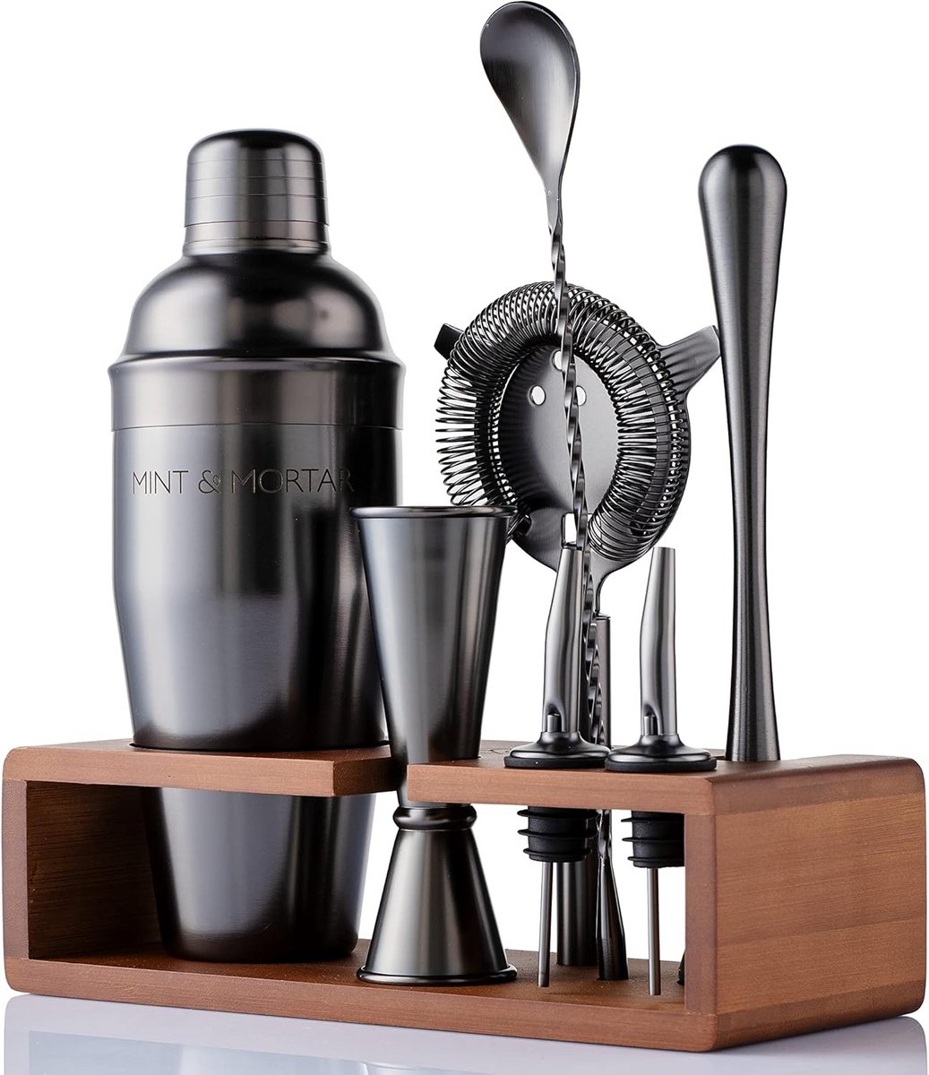 7-delige Cocktailshakerset RVS met Bamboestand - Compleet Barmanset