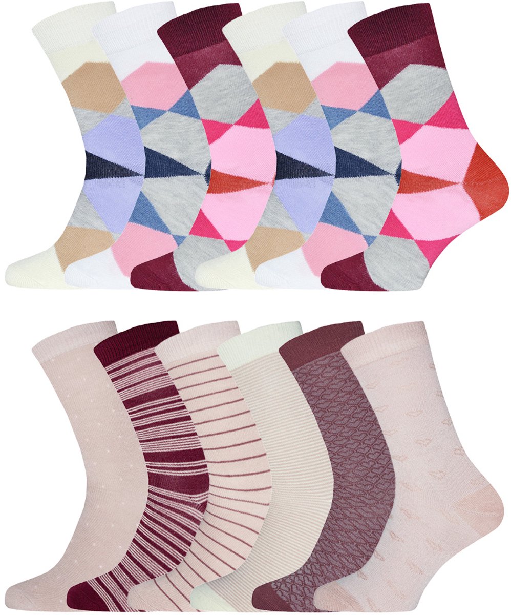 Damessokken met motief | Katoen | Merk: Gianvaglia | Maat: 35-38/ 39-42 | Kleur: Rood/ Roze | 12 Paar