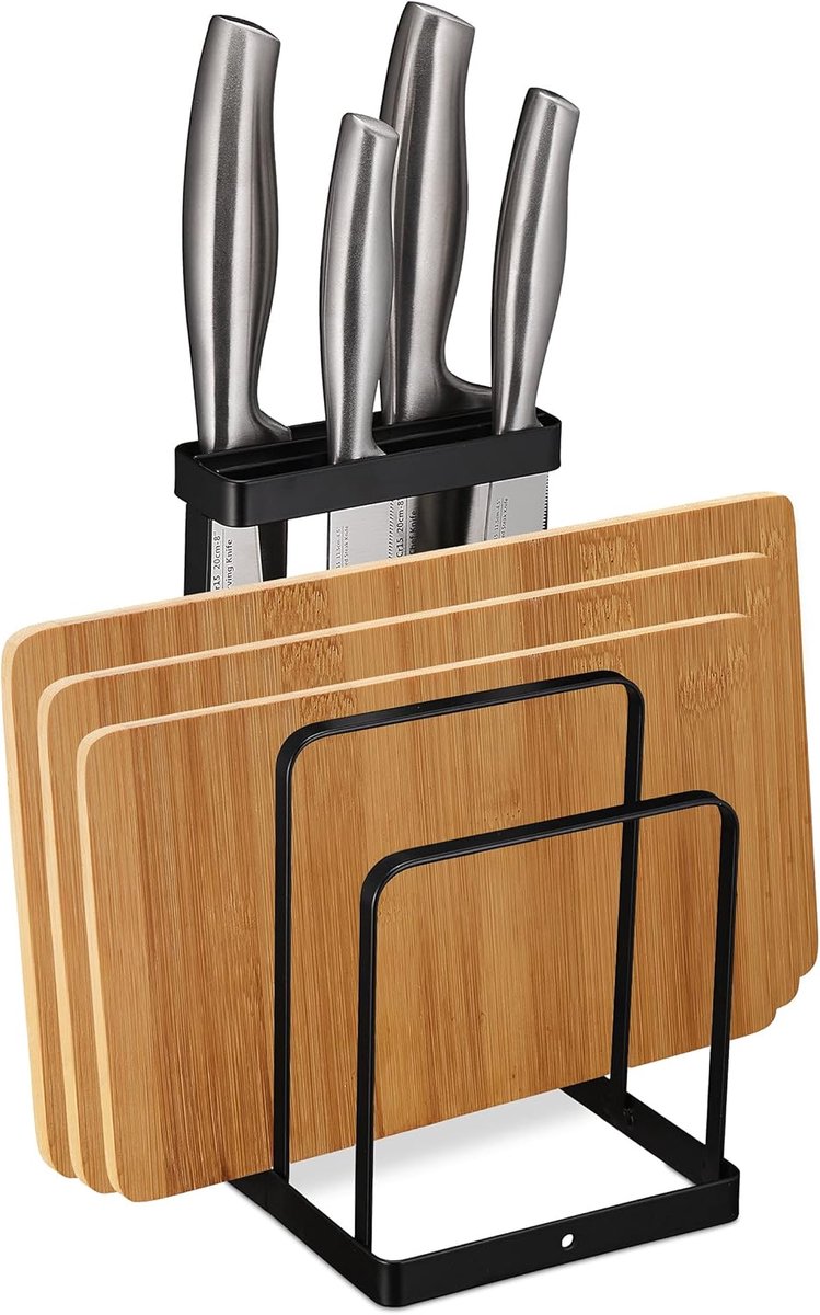 Famanu – 2 in 1 snijplanken en messenhouder metalen keukenorganizer zwart