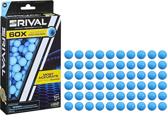 Een doos met 60 Nerf Rival blauwe ballen en een raster van de ballen ernaast.