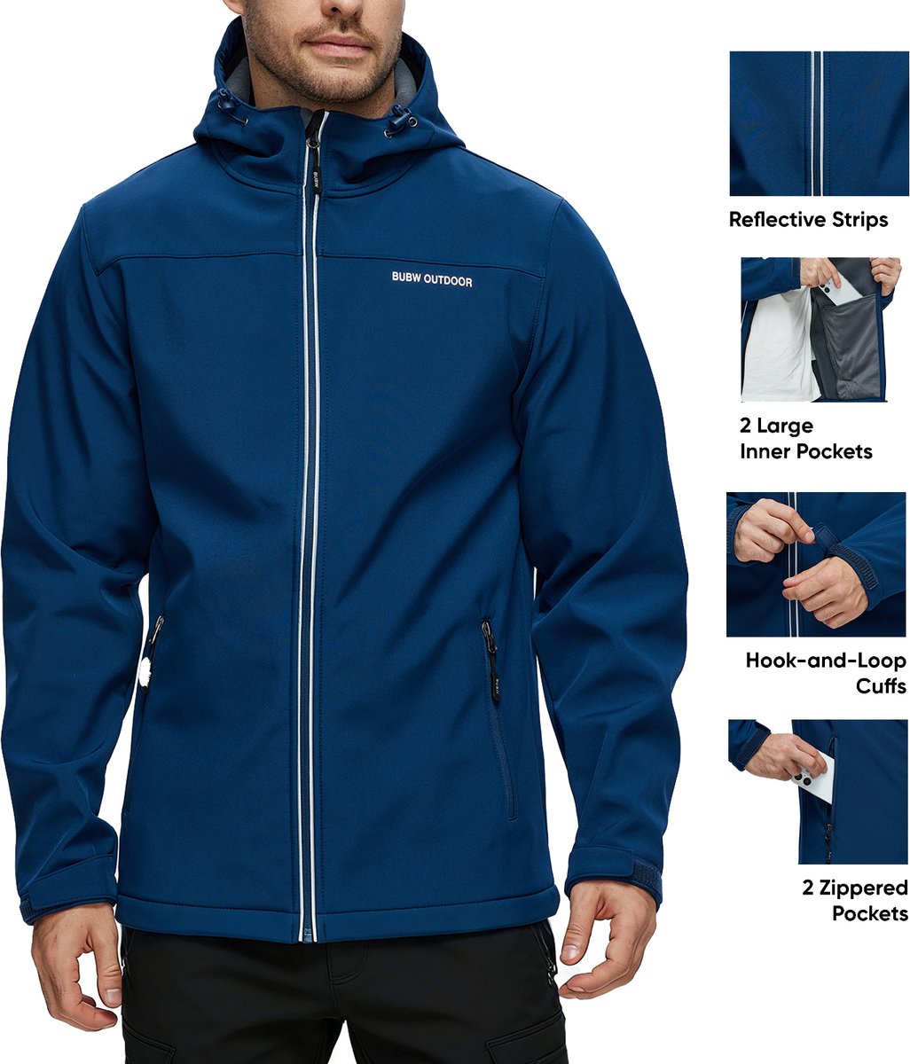 BUBW® Heren Outdoorjas Softshell Jas 4 Seizoenen Waterdicht Winddicht Ademend Met Capuchon Warm Gevoerd Zon Beschermend Outdoor Blauw
