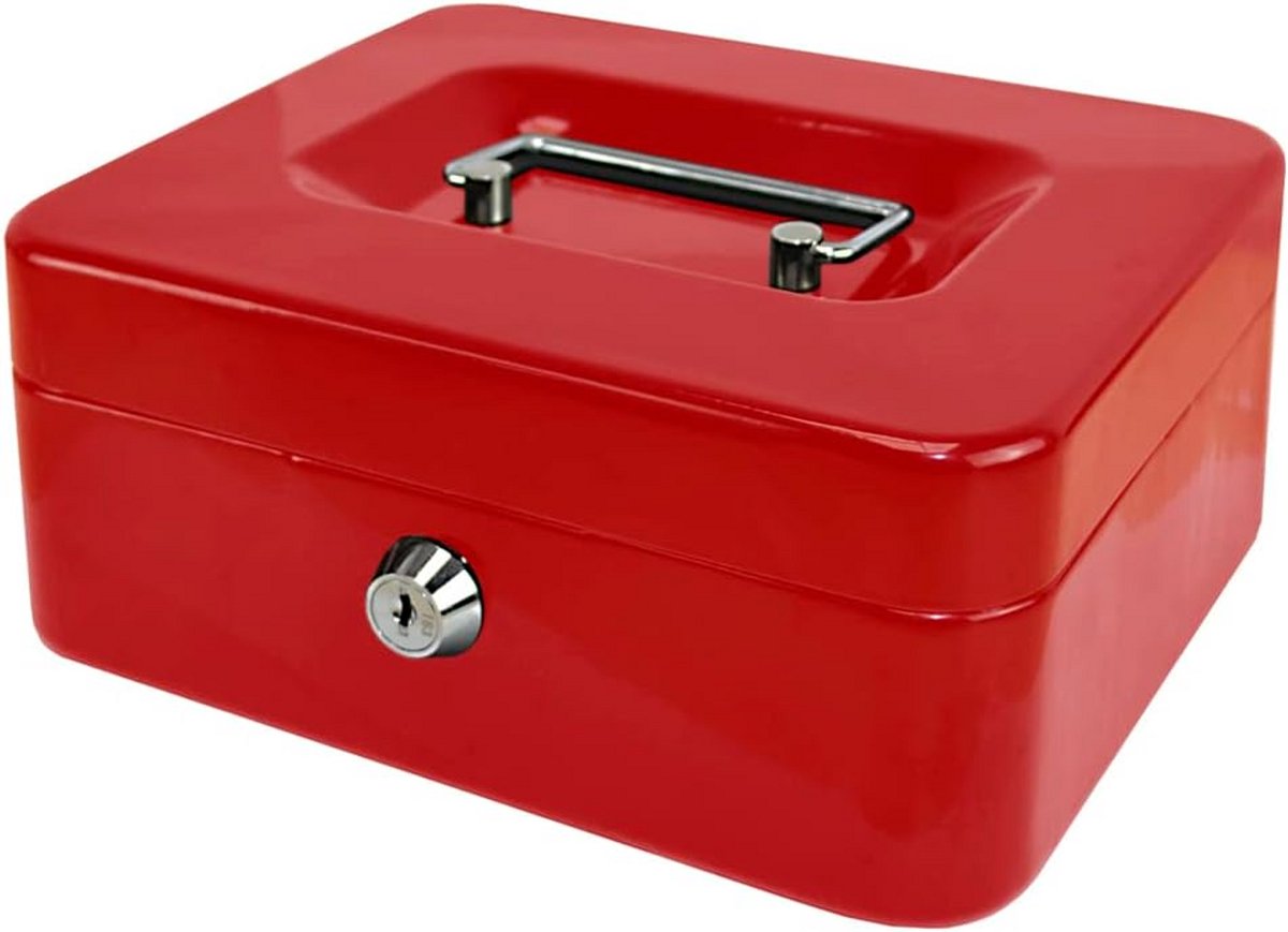 Rood Metalen Geldcassette met Muntenlade en Sleutel - Compact en Veilig