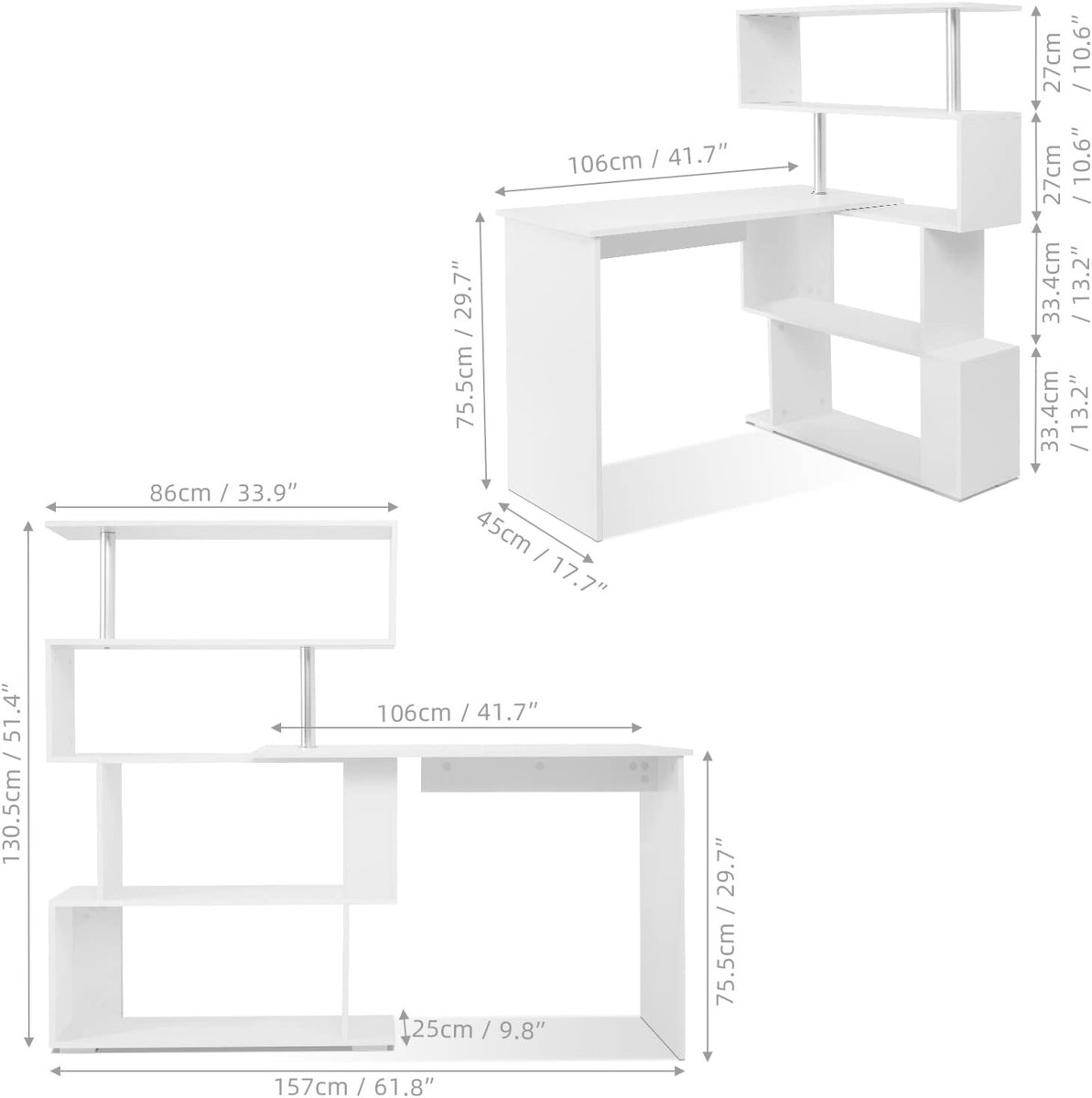 L-vormig hoekbureau met 360° draaibare boekenkast – Casa Velluto Modern Computertafel voor Werkkamer, Thuiswerkplek, Woonkamer en Kantoor – Wit, 157 x 45 x 130,5 cm