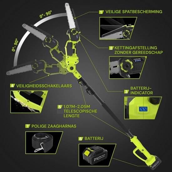 Kettingzaag Accu Professionele Snoeikracht Met Maximale Bewegingsvrijheid - Telescopische Steel Verstelbaar Voor Hoog Bereik - Elektrische Snoeischaar 2-In-1 Multifunctioneel Ontwerp - incl. Oplaadbare Accu En Veiligheidssysteem van Merkloos	 — afbeelding 4