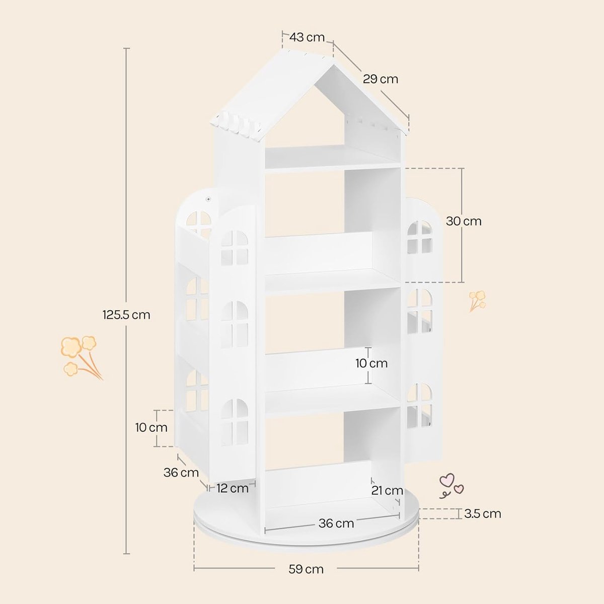 Kinderboekenkast Draaibaar 360° – Casa Velluto Montessori HomeSpin – Witte Boekenkast voor Kinderen met 4 Niveaus en Zijvakken – Speelgoedkast in Huisvorm 63x59x125 cm
