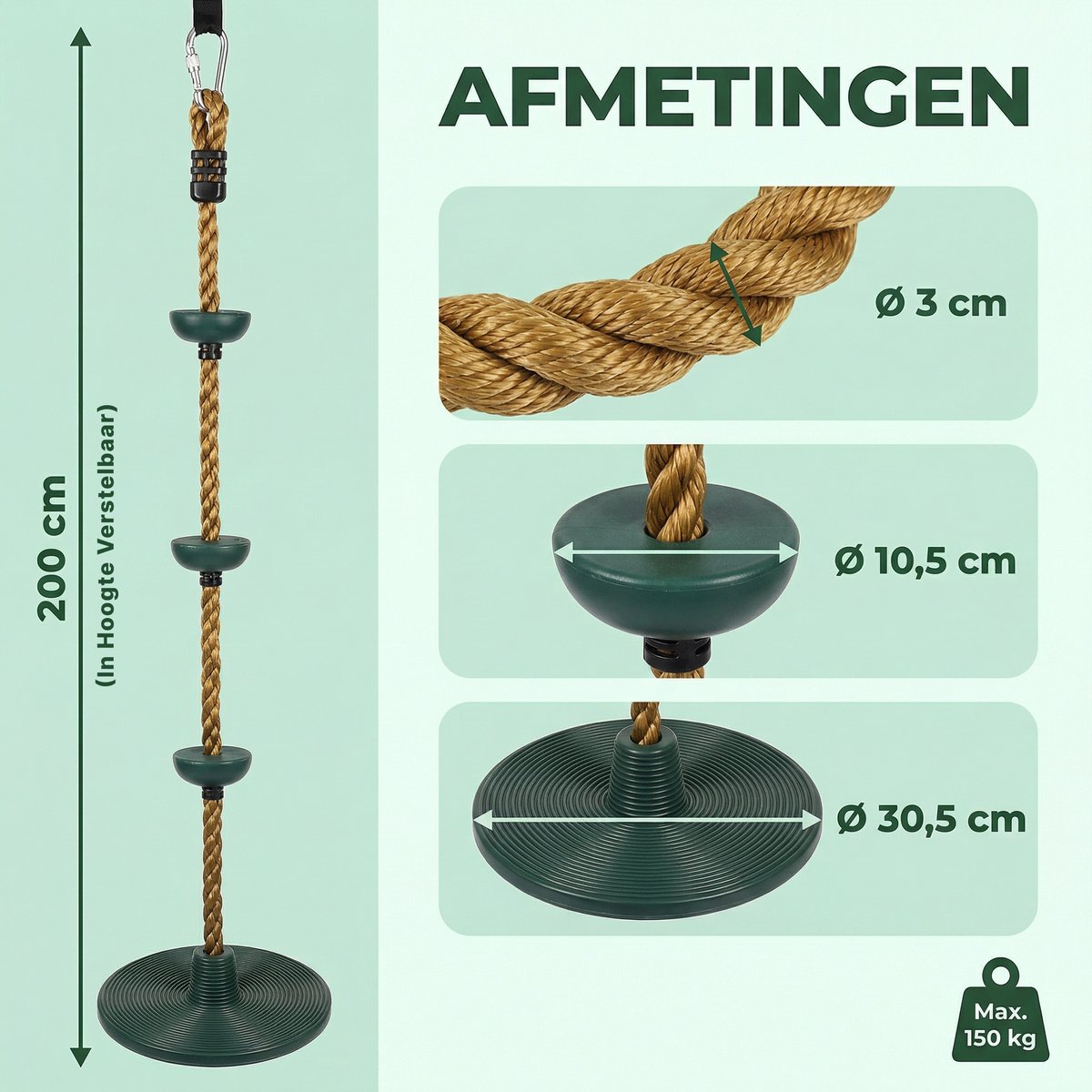 JAXY Schotelschommel - Klimtouw Schommel met Knopen - Kinderschommel Buiten - Buitenspeelgoed - Schommelzitje - Groen — afbeelding 8