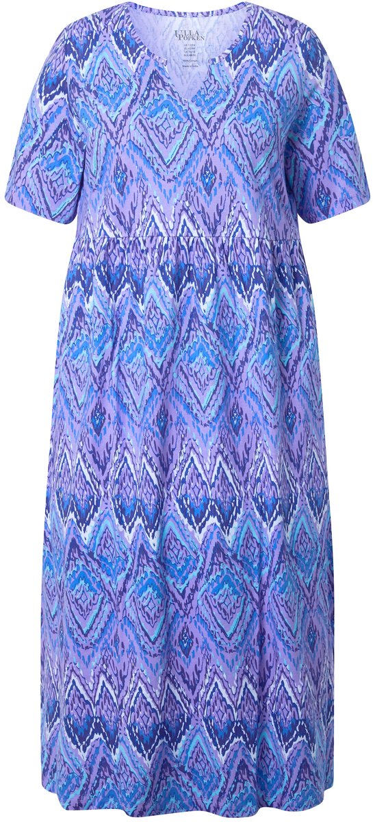 Ulla Popken Dames - Maxi-jurk met motief A-lijn tuniekhals korte mouwen - Koningsblauw - Maat 46+