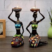 Kandelaars - Afrikaanse Vrouwen - 2 Stuks - Decoratie - Kleurrijk - Tafel Decoratie - Woonkamer Decoratie - Exotisch Wonen - Woon Decoratie - Beeldjes - Waxinelichtjes - Waxinelichtjes houder