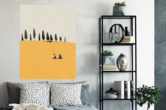 Poster Landschap - Mensen - Geel - Bomen - Retro - 90x120 cm