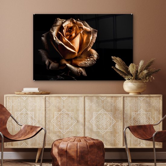 MuchoWow® Peinture sur verre - Rose - Or - Fleurs - Botanique Zwart - 90x60 cm - Peintures sur verre acrylique - Photo sur Glas