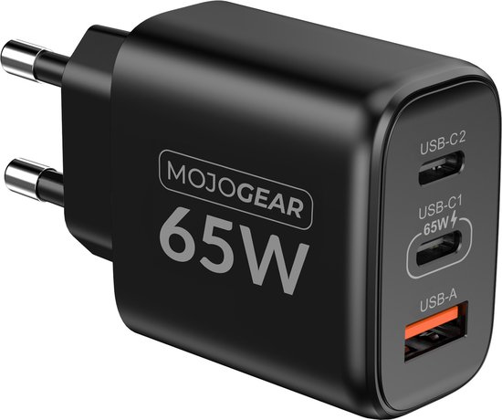 MOJOGEAR CHARGE+ 65W snellader met USB-C naar USB-C kabel 3M — Extra ...