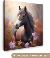 Canvas Schilderij Paard - Bloemen - Natuur - Paars - Dieren - 20x20 cm - Wanddecoratie