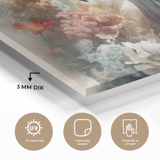 MuchoWow® Glasschilderij 60x40 cm - Schilderij acrylglas - Arend - Adelaar - Vogel - Bloemen - Natuur - Foto op glas - Schilderijen