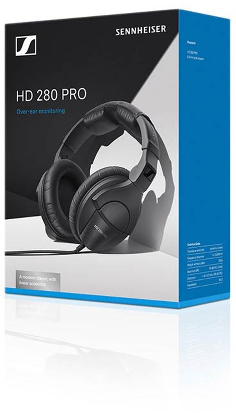 Verpakking van de Sennheiser HD 280 Pro koptelefoon, met productafbeelding.