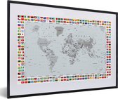 Fotolijst incl. Poster - Wereldkaart - Vlag - Zwart - Wit - 60x40 cm - Posterlijst