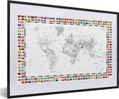 Fotolijst incl. Poster - Wereldkaart - Zwart - Wit - Vlag - 60x40 cm - Posterlijst