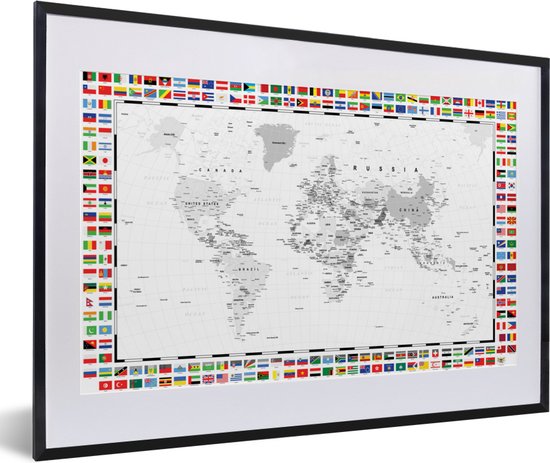 Affiche avec cadre Wereldkaart - Zwart - Wit - Drapeau - 60x40 cm