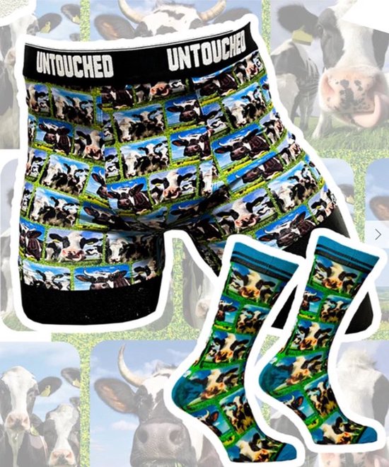 Untouched Cow Boxer + chaussettes - L - 43-46 - Coffret cadeau - Sock my Feet - Vaderdag - Durable - imprimé vache - joli cadeau