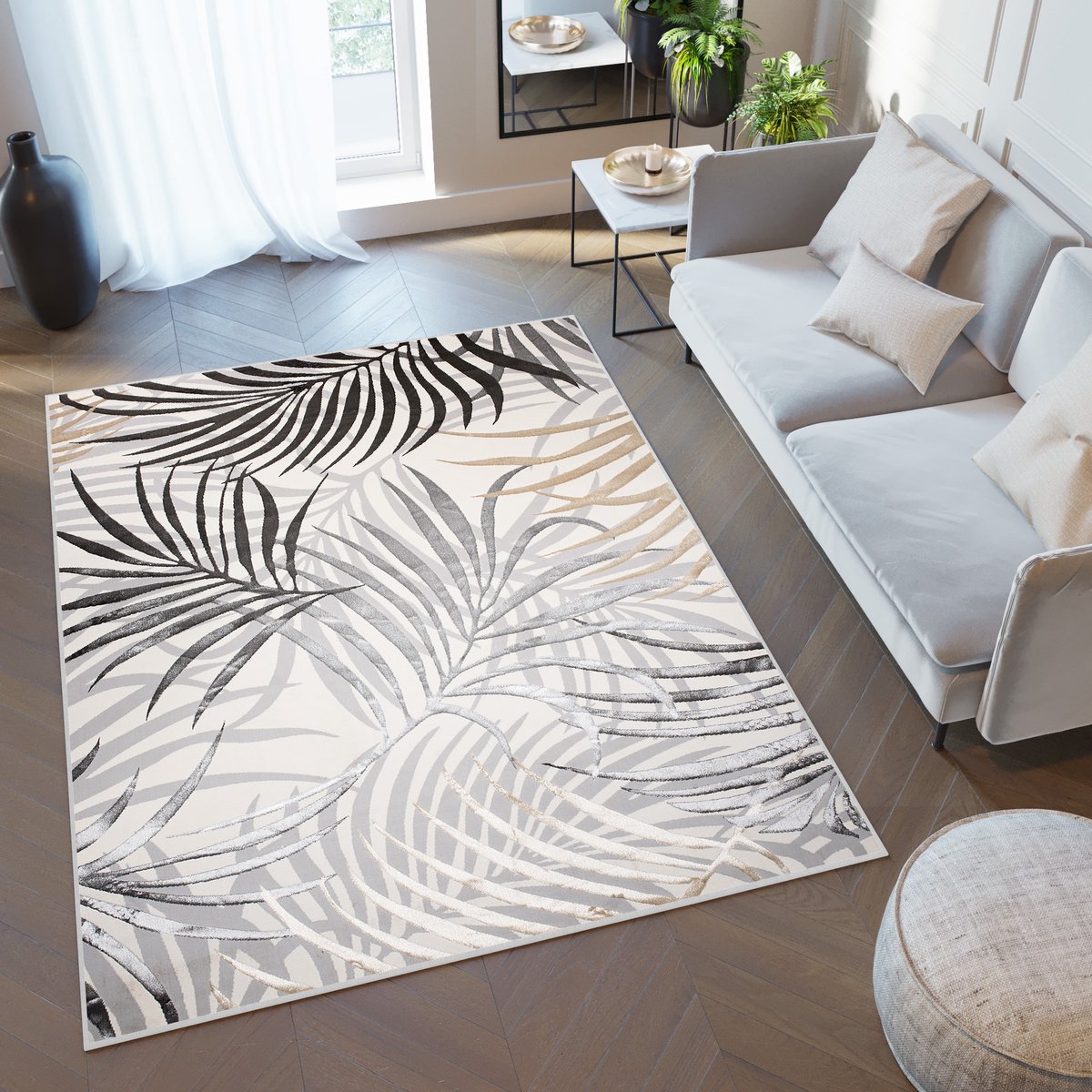 Tapiso Golden Vloerkleed Grijs Lichtgrijs Bladeren Modern Tapijt Maat- 140x200