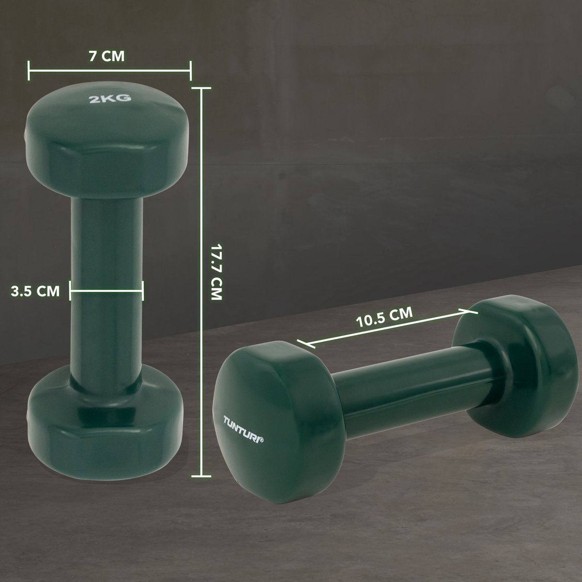 Tunturi Dumbbell set - 2 x 2,0 kg - Vinyl - Groen - incl. gratis fitness app – foto 2
