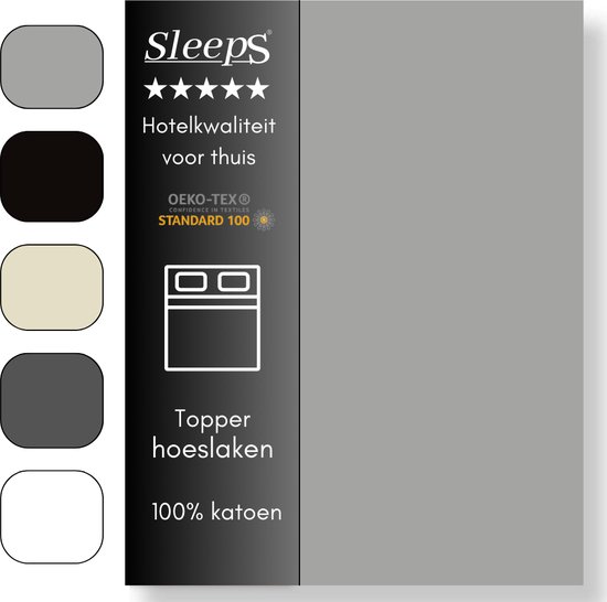 Sleeps Zacht Katoenen Topper Hoeslaken Grijs 160x200 cm - Glad Katoen - Perfecte Pasvorm - Heerlijk Zacht