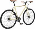 Crèmekleurige damesfiets met bruin zadel en bruine handvatten. Zwarte velgen en banden.